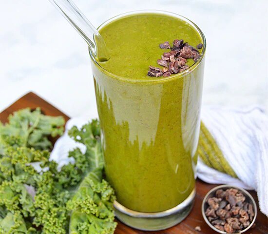 Sweet Greens Smoothie made with Navitas Organics Maca Powder and Cacao Nibs