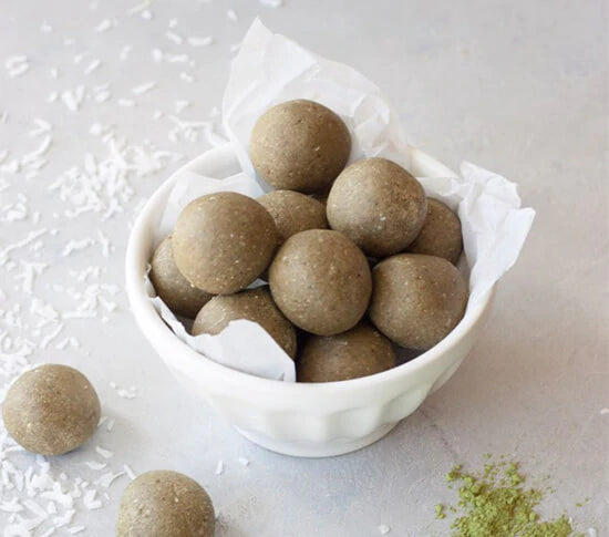 Matcha truffles made with Navitas Organics Cashews, Navitas Organics Matcha Powder and Navitas Organics Essential Blends Vanilla and Greens