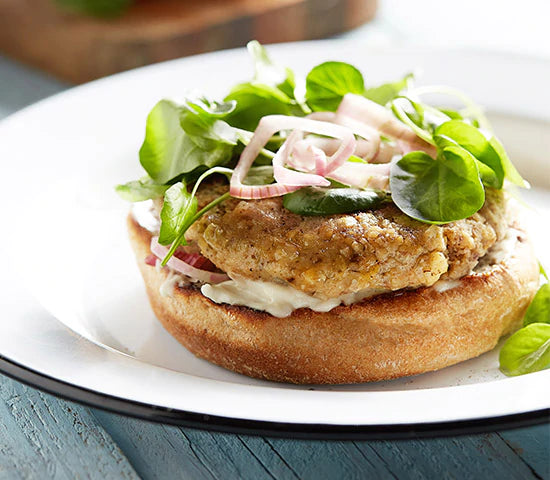 Open-faced plant-based burger made with Navitas Organics Chia Powder and artichokes