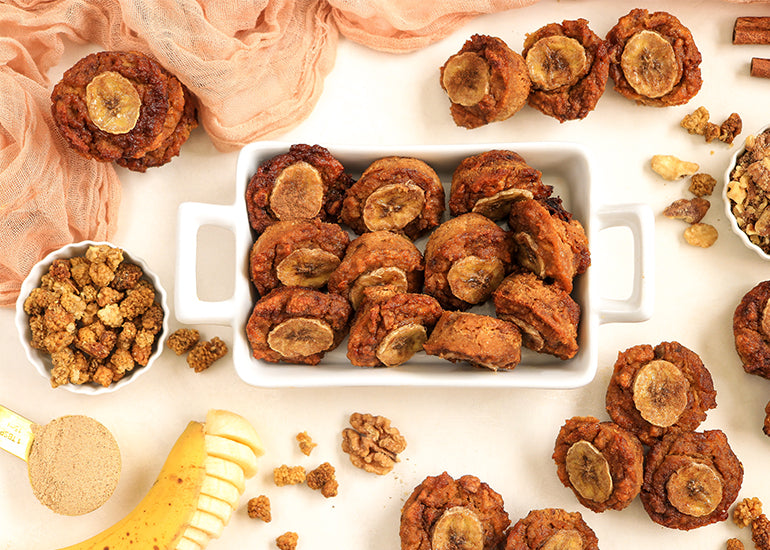 A baking dish filled with pumpkin banana mulberry bites made with Navitas Organics Mulberries