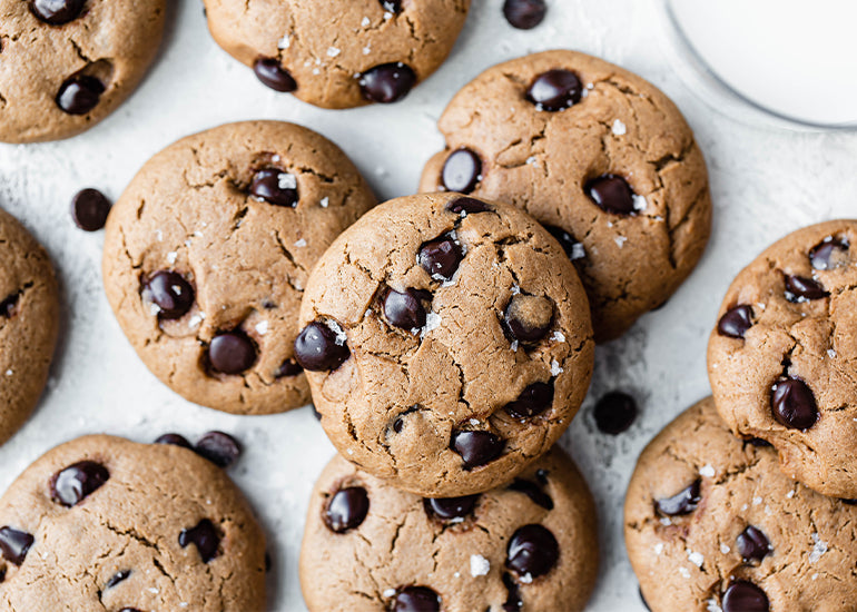 Chocolate chip cookies made with Navitas Organics Chickpea Flour and Cacao Powder.