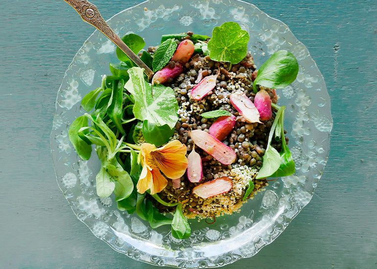 A plate of greens topped with French lentils, Navitas Organics Hemp Seeds and radishes.