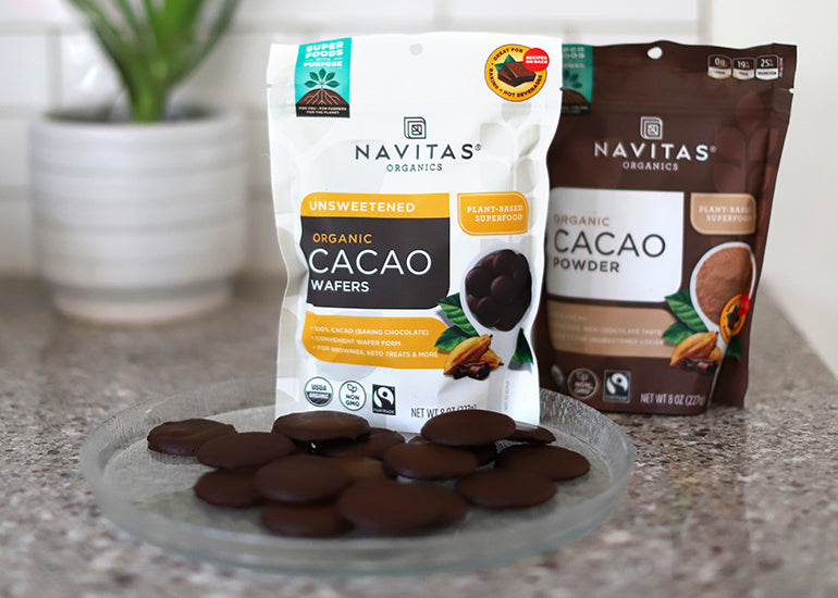 A plate of healthier homemade mint chocolate cookies made with Navitas Organics Cacao Powder and Cacao Wafers.