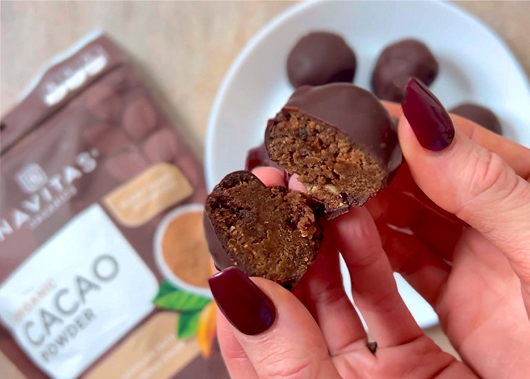 Cacao Truffles made with Navitas Organics Cacao Powder, Cacao Wafers, Cacao Butter Wafers and Cacao Sweet Nibs.