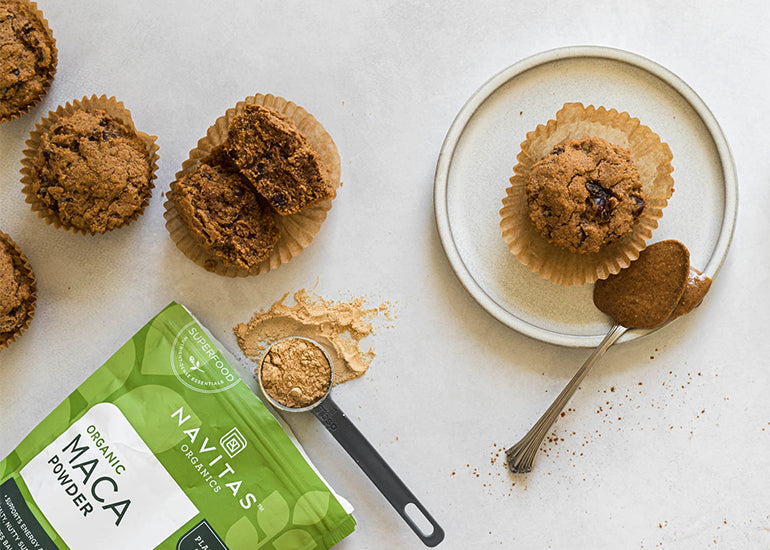 Maca cinnamon date muffins made with Navitas Organics Maca Powder