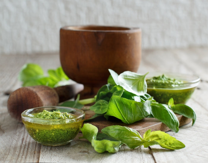 Superfood pesto made with Navitas Organics Hemp Seeds and Superfood+ Greens Blend.