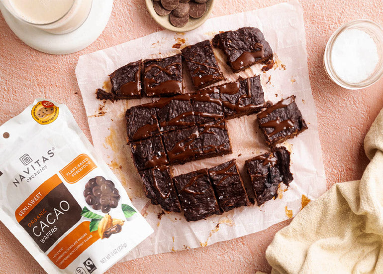 Chocolate Banana Brownies made with Navitas Organics Cacao Powder and Semi-sweet Cacao Wafers.