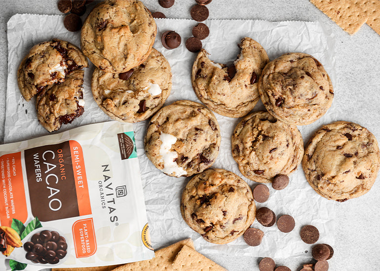 S'mores cookies made with Navitas Organics Semi-sweet Cacao Wafers.