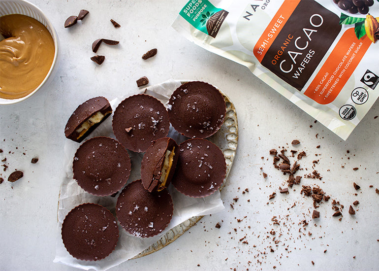 Chocolate Peanut Butter Banana Cups made with Navitas Organics Semi-sweet Cacao Wafers.