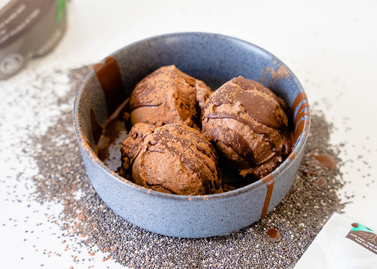 A bowl of espresso nice cream made with Navitas Organics Chia Seeds, Cacao Powder and Semi-sweet Cacao Wafers.