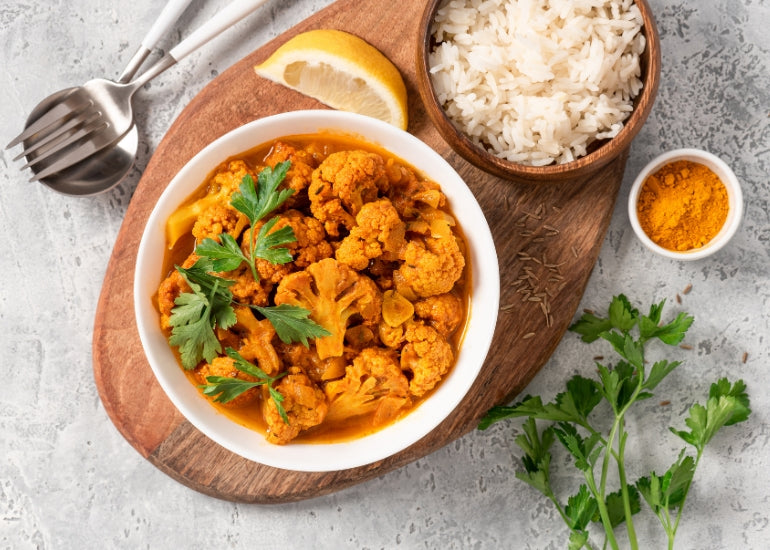 Cauliflower and rice curry made with Navitas Organics organic turmeric powder.