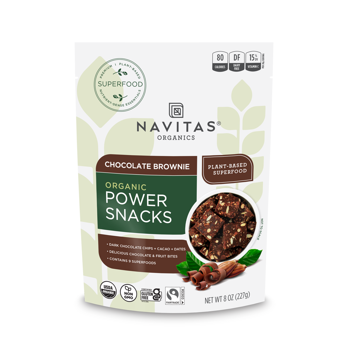 Navitas Organics Chocolate Brownie Power Snacks 8oz. front of bag.