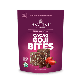 Package of Navitas Organics Superfood+ Cacao Goji BITES, highlighting non-GMO, USDA organic, and vegan certifications.
