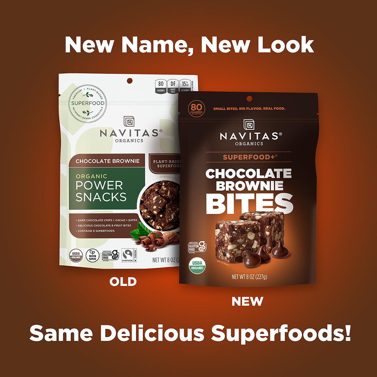 Navitas Organics chocolate brownie snack packages, old and new design comparison on a brown background.