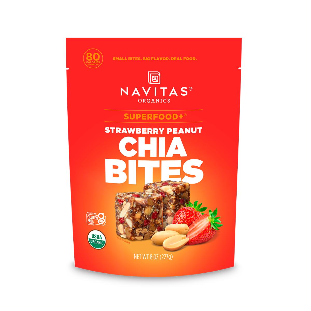 Navitas Organics Superfood+ Strawberry Peanut Chia BITES package on a white background