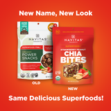 Comparison of Navitas Organics snack packages with 'New Name, New Look' text on an orange background, comparing Power Snacks old look to Superfood+ BITES new look.