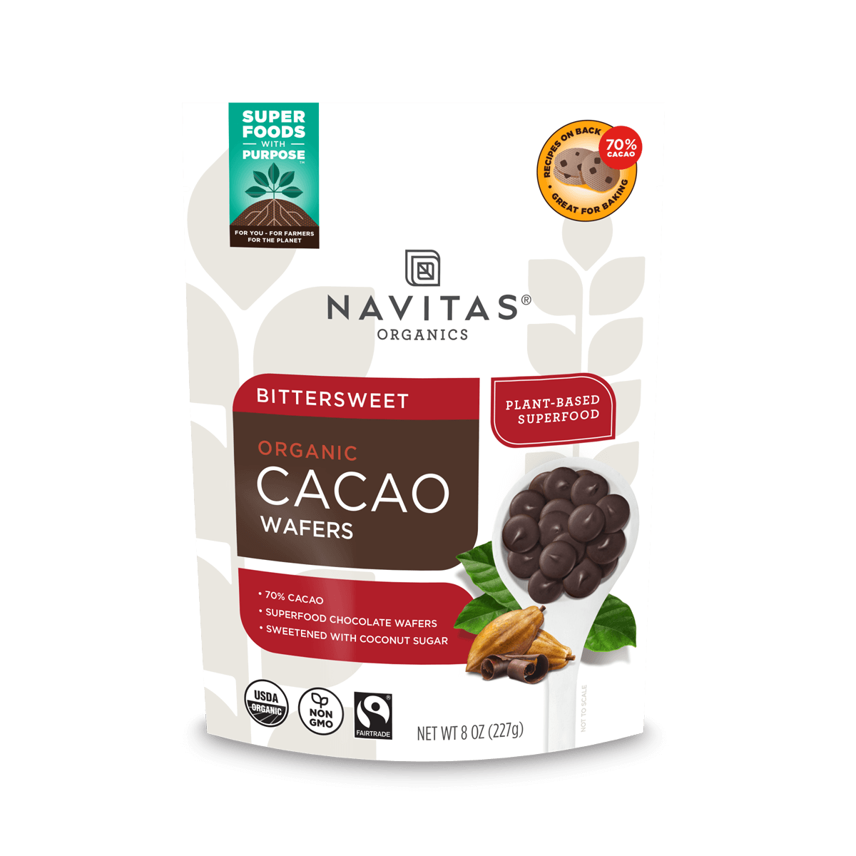 Navitas Organics Bittersweet Cacao Wafers 70% Cacao 8oz. front of bag.