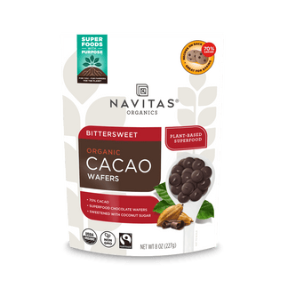 Navitas Organics Bittersweet Cacao Wafers 70% Cacao 8oz. front of bag.