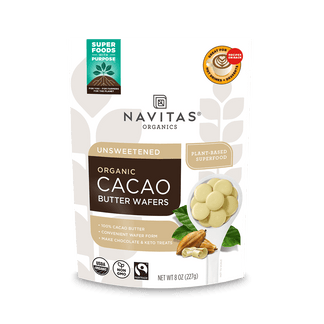 Navitas Organics Unsweetened Organic Cacao Butter Wafers 8oz. front of bag