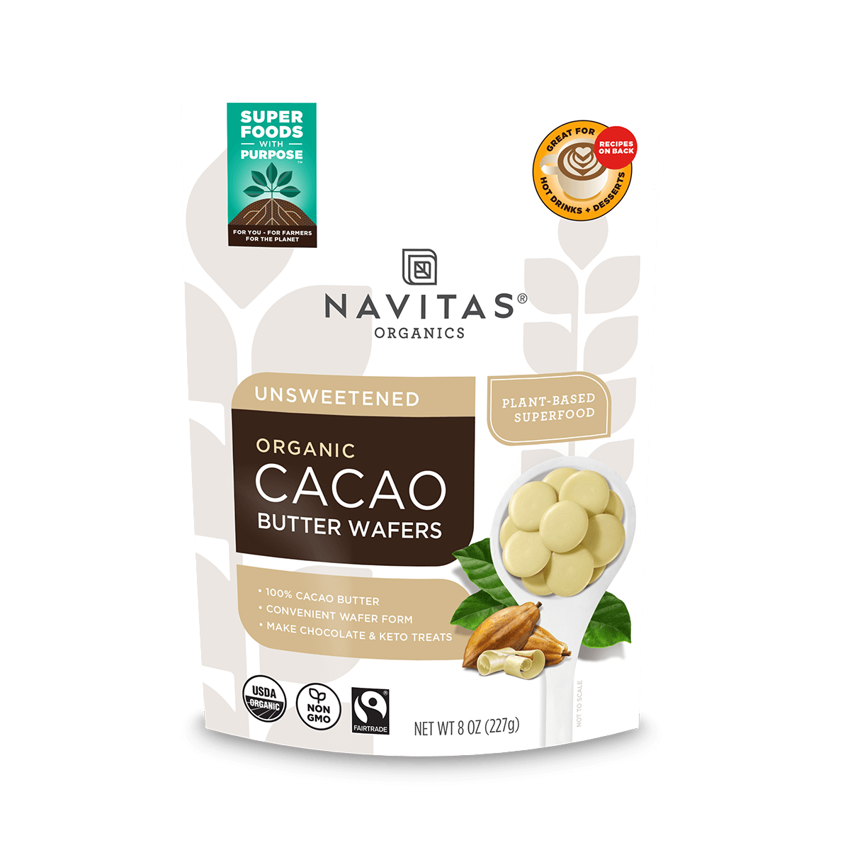 Navitas Organics 8oz Unsweetened Cacao Butter Wafers front of bag