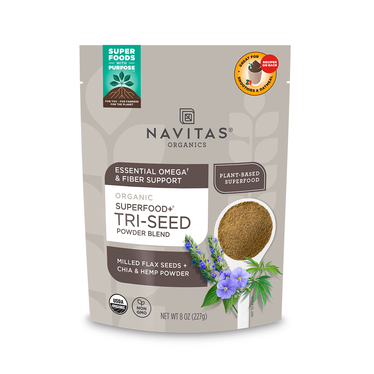 Navitas Organics Tri-Seed Powder Blend package on a blank background