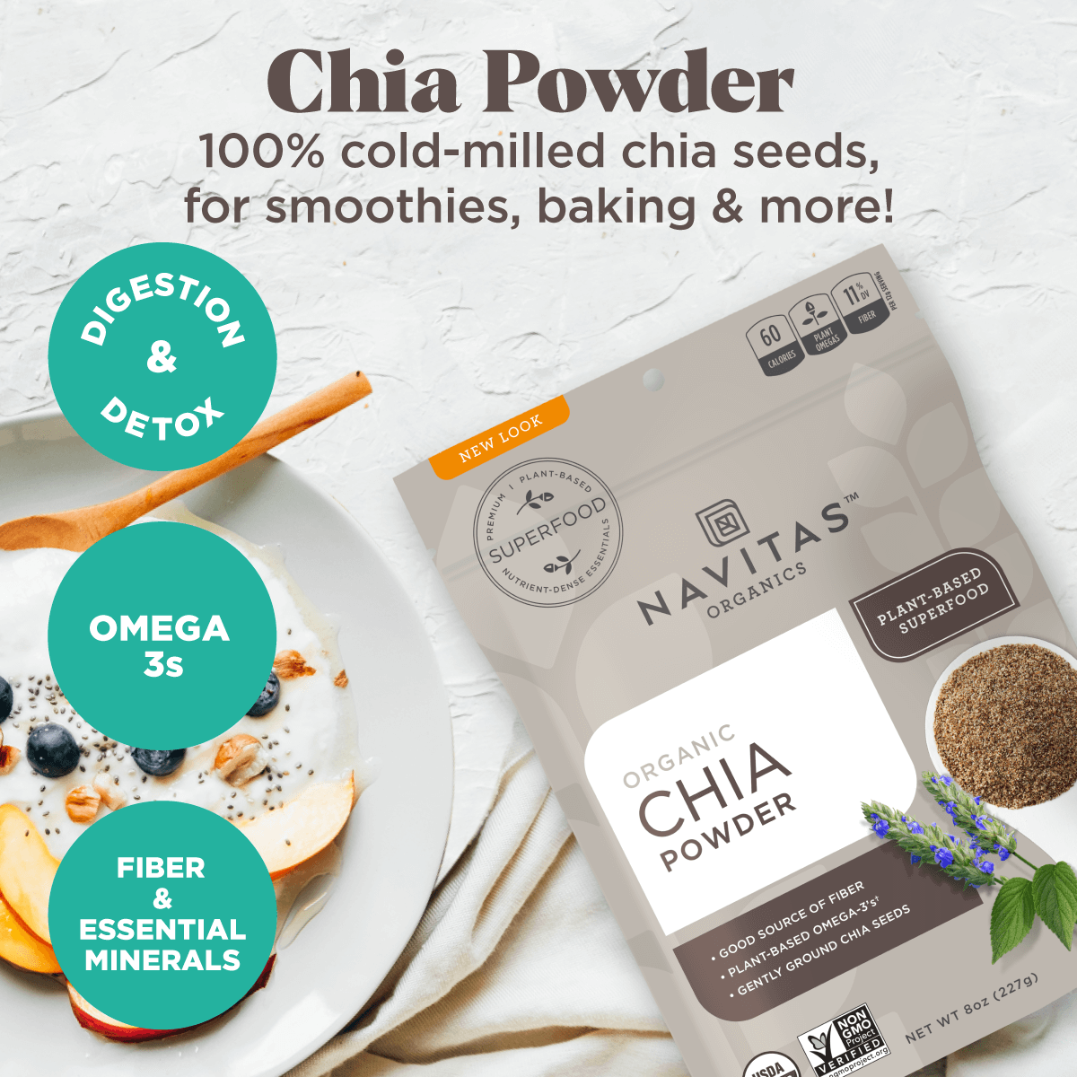 Navitas Organics Chia Powder is 100% cold-milled chia seeds, for smoothies, baking & more! Good for digestion & detox, rich in omega-3s, and high in dietary fiber & essential minerals