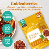 Navitas Organics Goldenberries are organic, nutritious dried berries for snacking, trail mix & more! Containing fiber, potassium, vitamin A and no added sugar, they are mildly sweet and chewy.