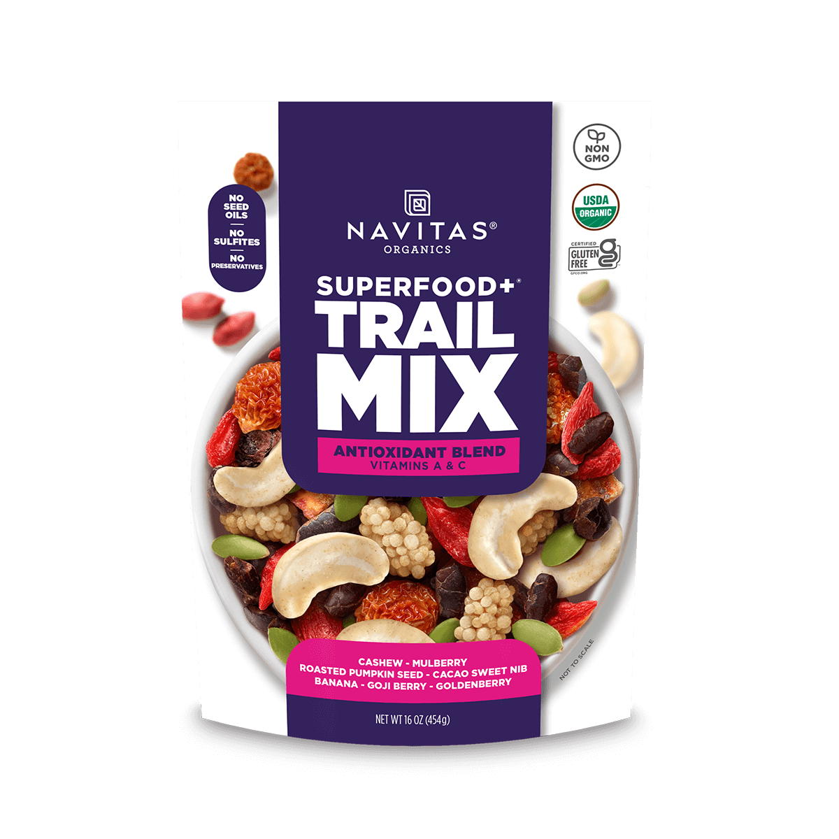 Navitas Organics Superfood+ Trail Mix Antioxidant Blend packaging on a white background