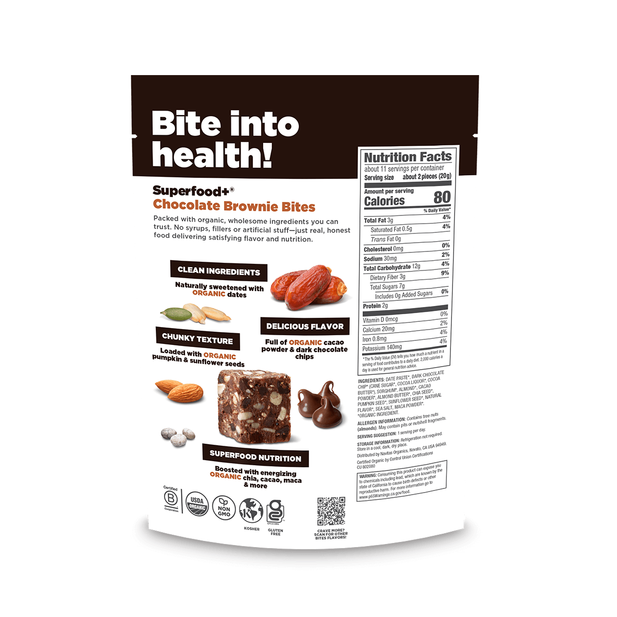 Navitas Organics Superfood+ Chocolate Brownie BITES packaging with nutritional information on a black background