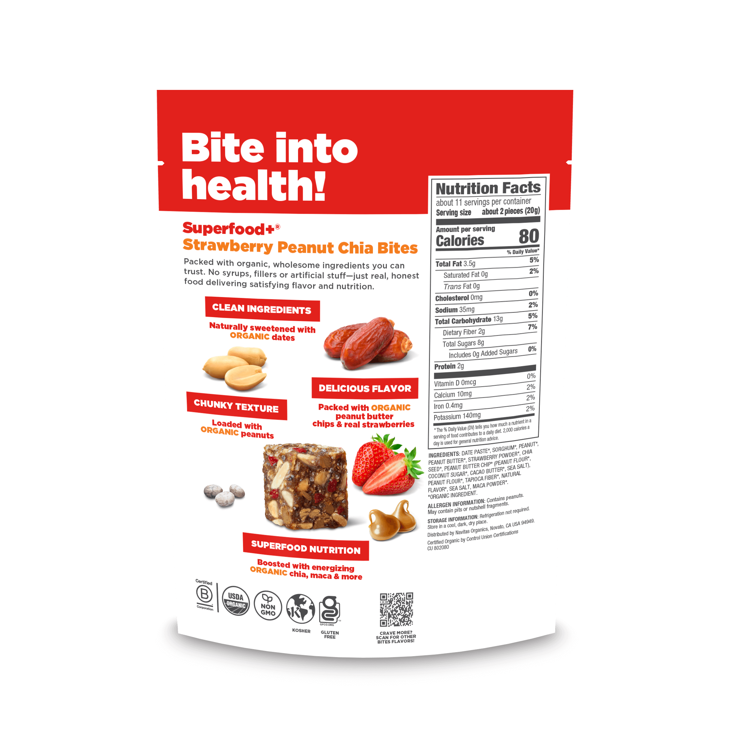 Package of Navitas Organics Superfood+ Strawberry Peanut Chia BITES with nutritional information on a black background