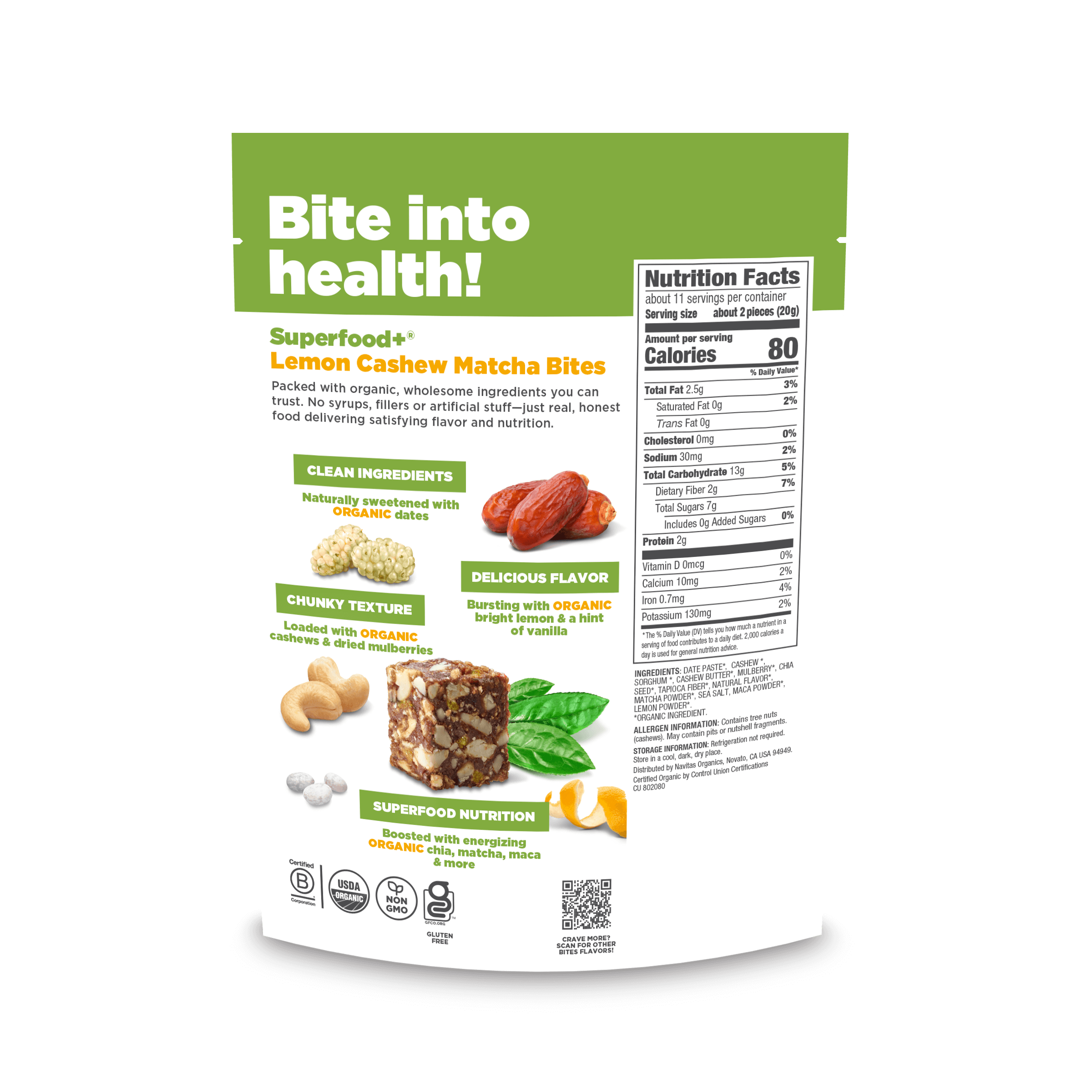 Navitas Organics Lemon Cashew Matcha Superfood+ Bites packaging with nutritional information on a light background
