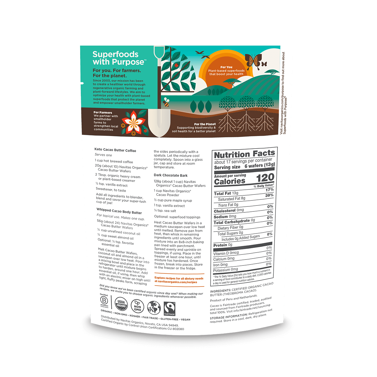 Navitas Organics Unsweetened Organic Cacao Butter Wafers 8oz. back of bag