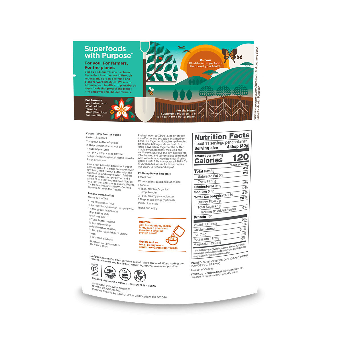 Navitas Organics Hemp Powder 12 oz. back of bag