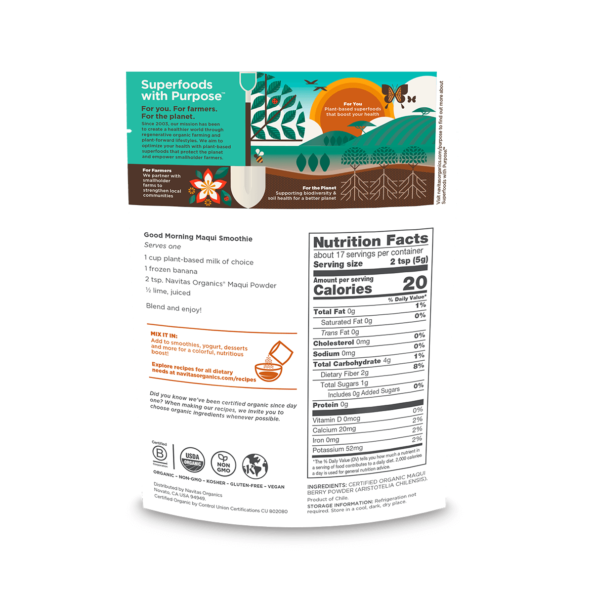 Navitas Organics Maqui Powder 3oz back of bag.