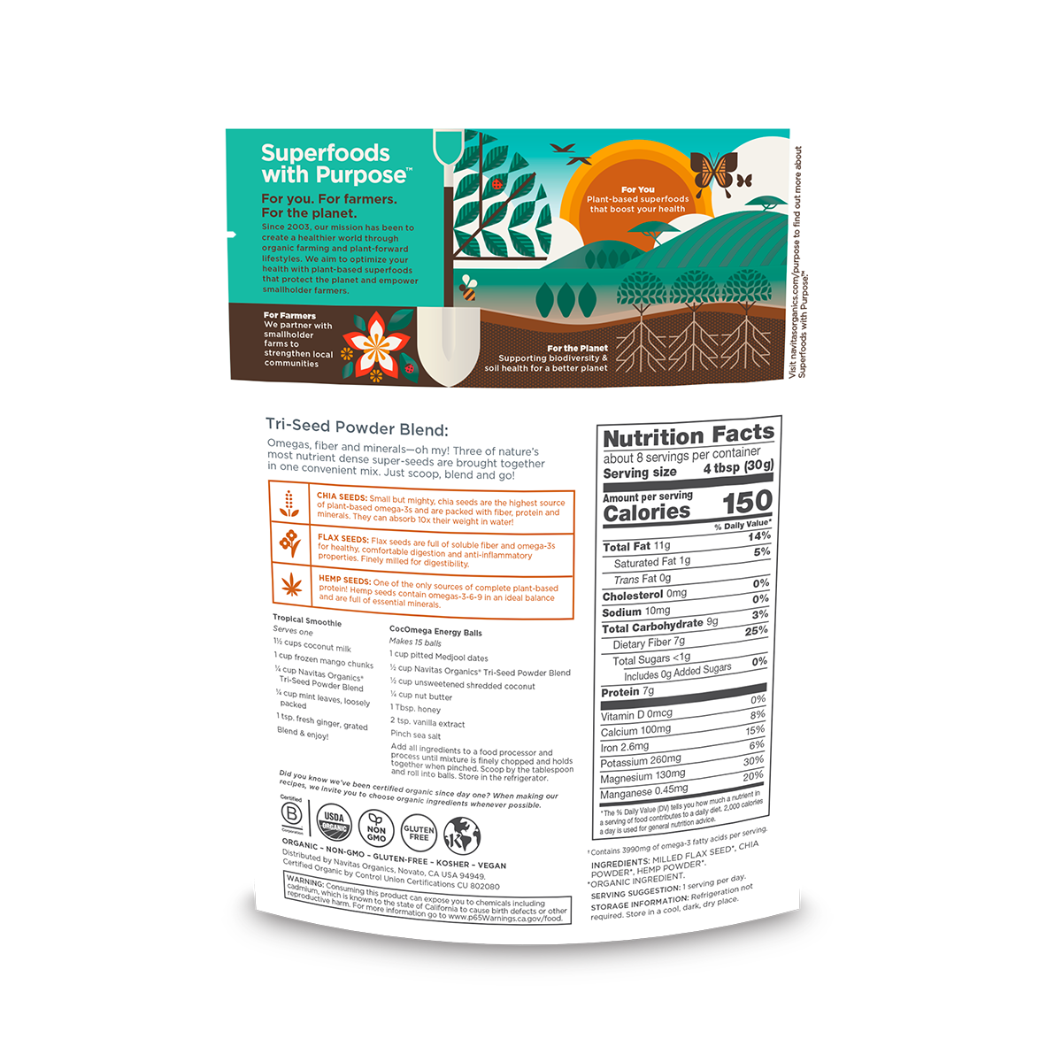 Package of Navitas Organics Tri-Seed Powder Blend with nutrition facts on a blank background