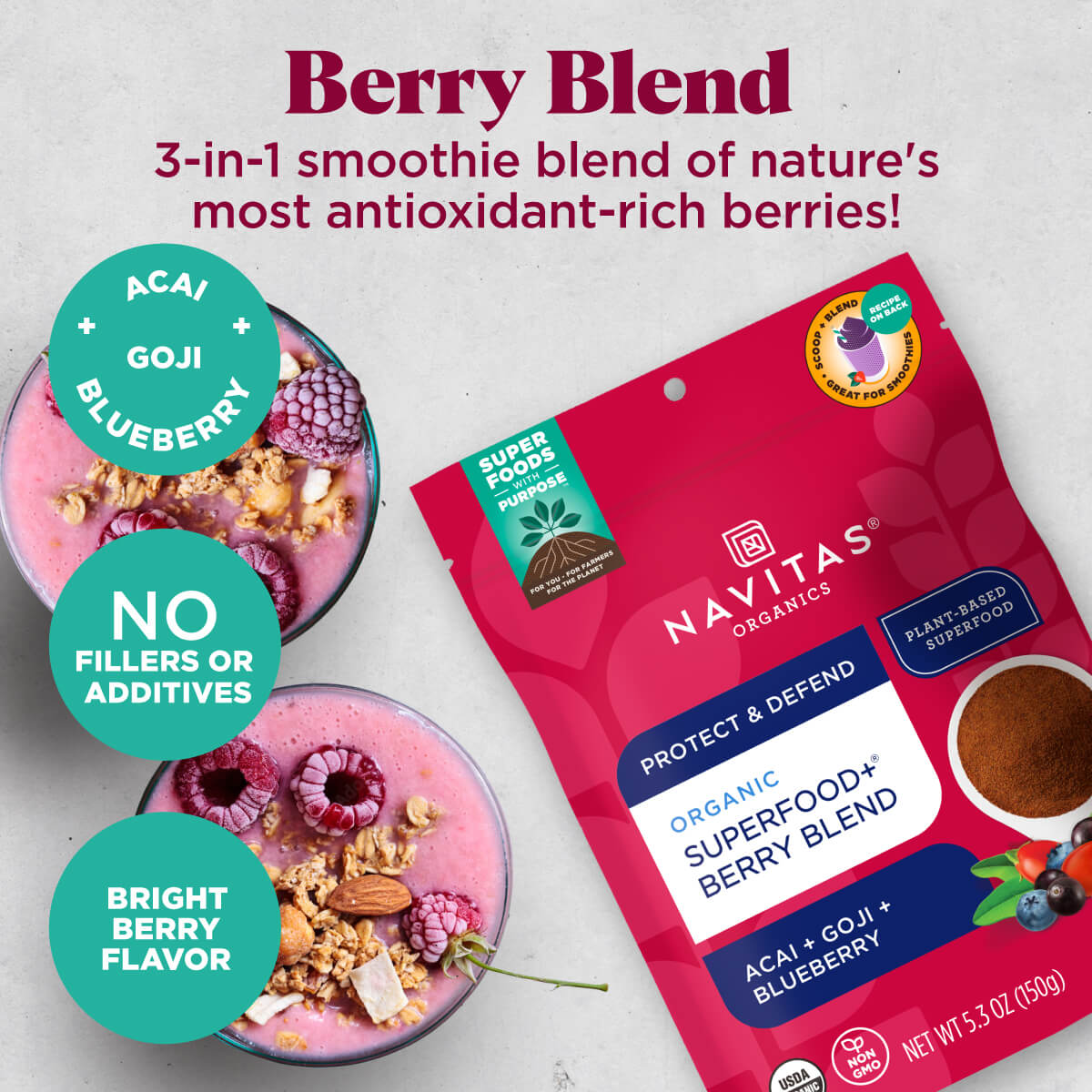 Navitas Organics Superfood+ Berry Blend is a 3-in-1 smoothie blend of nature's most antioxidant-rich berries!