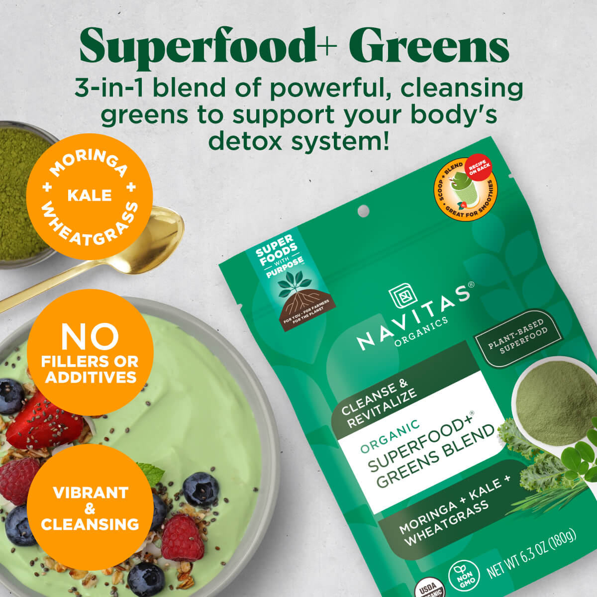 Navitas Organics Superfood+ Greens Blend is a 3-in-1 blend of powerful, cleansing greens to support your body's detox system!