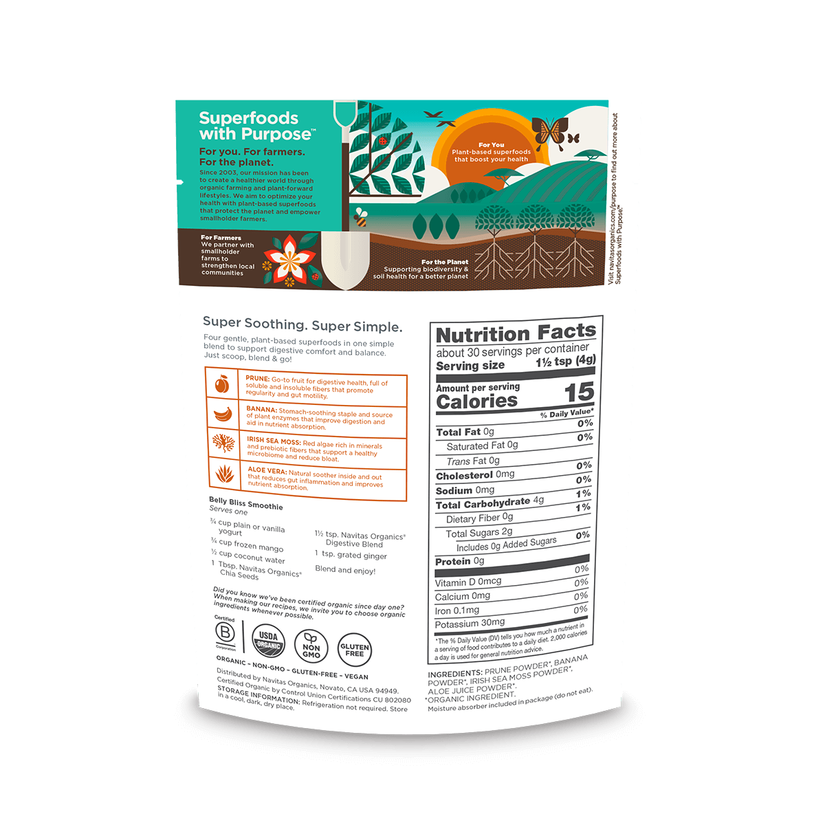 Nutrition label on the back of a product package of Navitas Organics Superfood Digestive Blend.