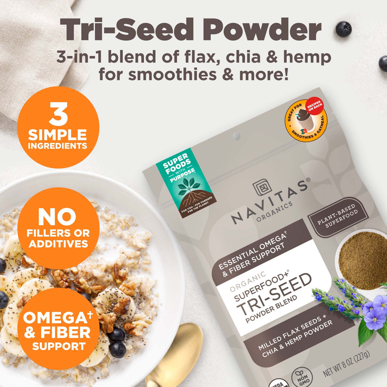 Navitas Organics Tri-Seed Powder Blend package with a bowl of oatmeal and berries on a white background