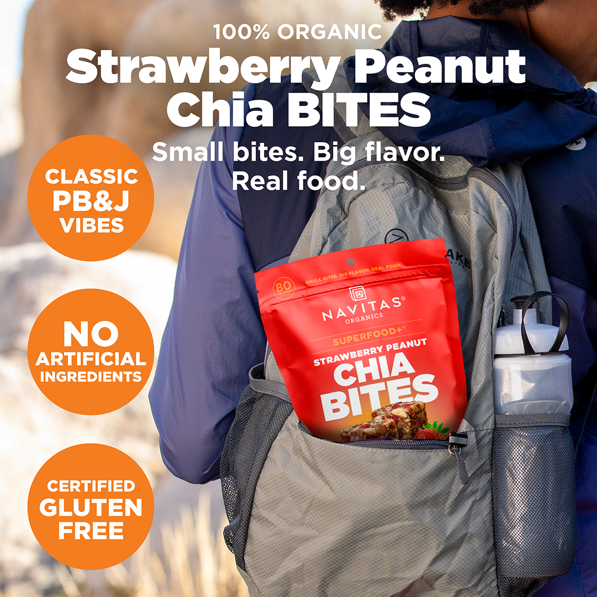 Person with Navitas Organics Superfood+ Strawberry Peanut Chia BITES in a backpack, with promotional text about the product.