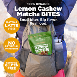 Person wearing a backpack with Navitas Organics Lemon Cashew Matcha Superfood+ Bites, surrounded by promotional text about the product.