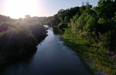 Dark winding river with trees on both sides.