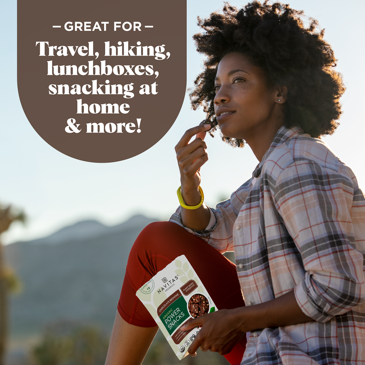 Navitas Organics Chocolate Brownie Power Snacks are great for travel, hiking, lunchboxes, snacking at home & more!
