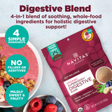 Navitas Organics Digestive Blend packaging with a bowl of fruit and smoothie bowl topped with granola on a light background with key product callouts