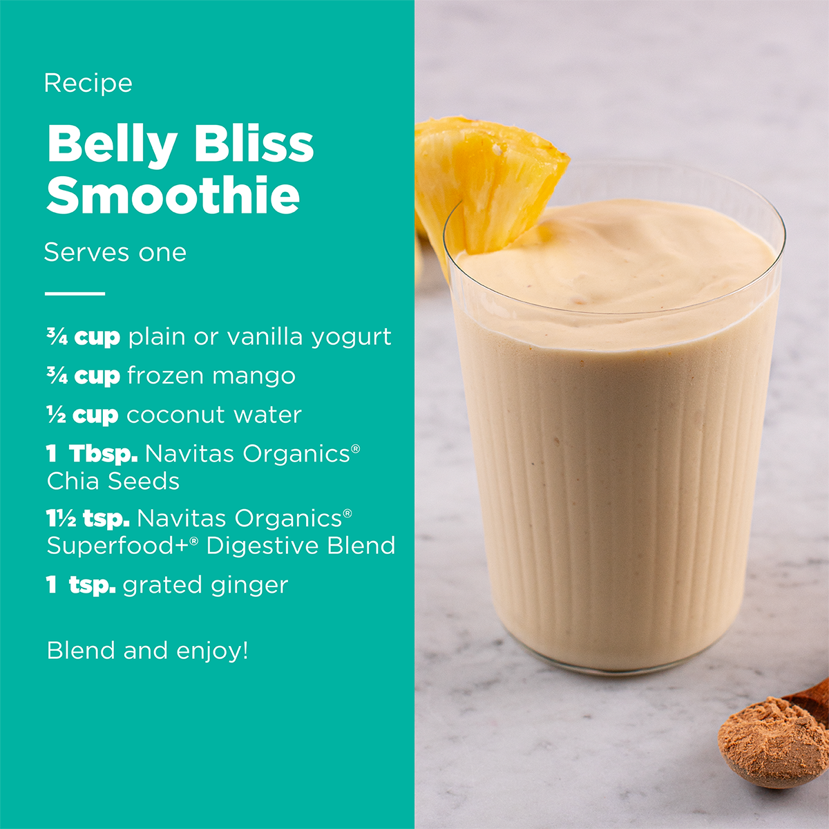 Belly Bliss Smoothie recipe with a glass of smoothie on a marble surface