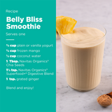 Belly Bliss Smoothie recipe with a glass of smoothie on a marble surface