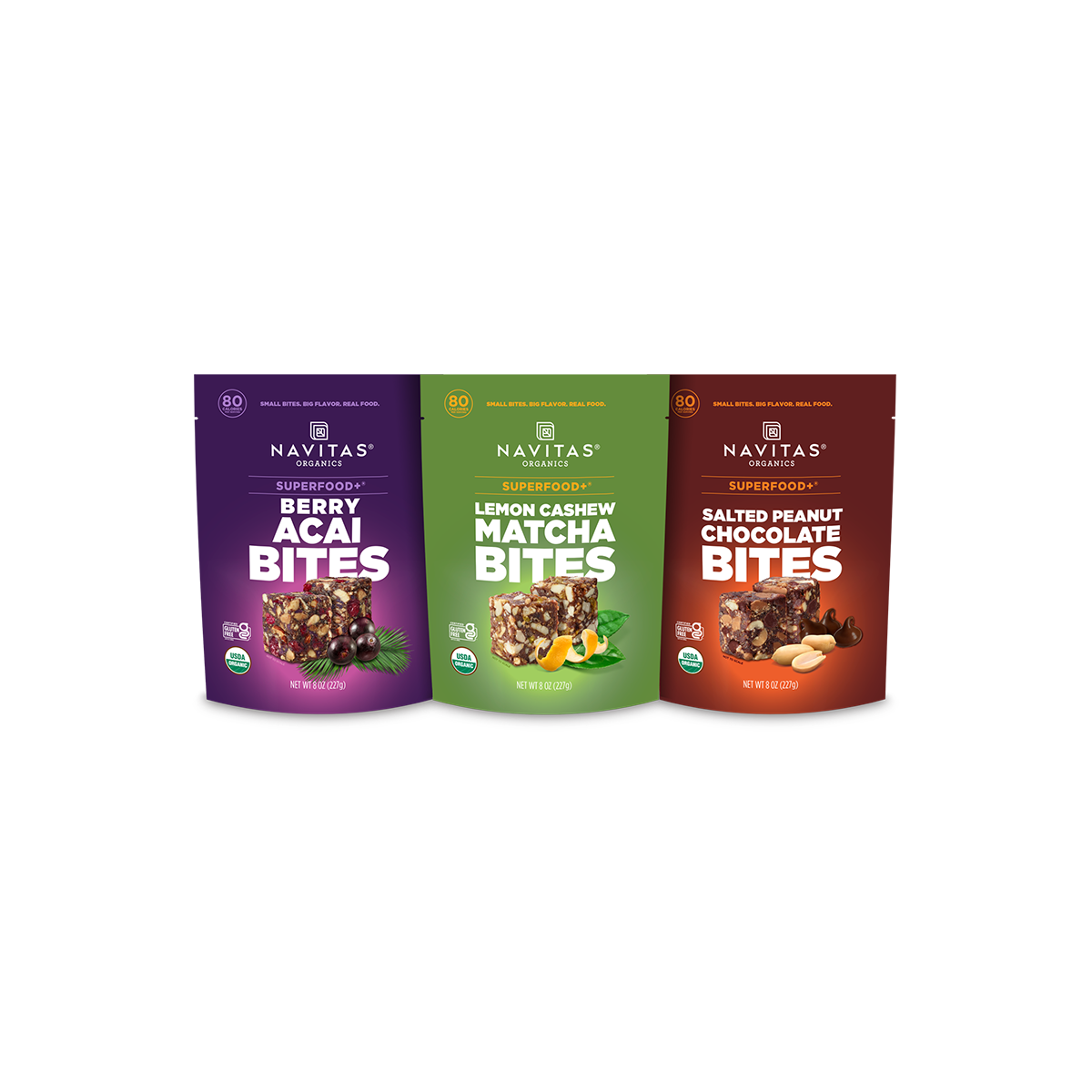 Three Navitas Organics Superfood+ BITES packages including Berry Acai, Lemon Cashew Matcha and Salted Peanut Chocolate BITES.