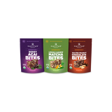 Three Navitas Organics Superfood+ BITES packages including Berry Acai, Lemon Cashew Matcha and Salted Peanut Chocolate BITES.