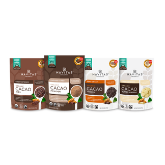Navitas Organics Baker's Bundle featuring 8oz Unsweetened Cacao Nibs, Cacao Powder, Semi-sweet Cacao Wafers and Unsweetened Cacao Butter Wafers