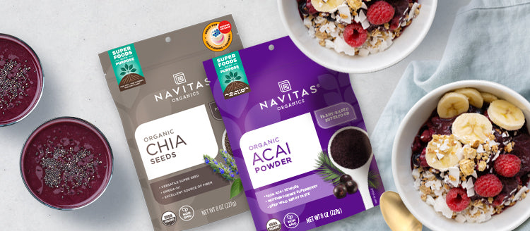 Navitas Organics Chia Seeds and Acai Powder with fruit-topped acai bowls and chia seed-topped smoothies